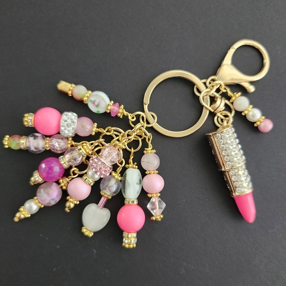 Handmade Accessories - Pink Rhinestone Lipstick Purse Charm or Keychain Stone Glass Handcrafted